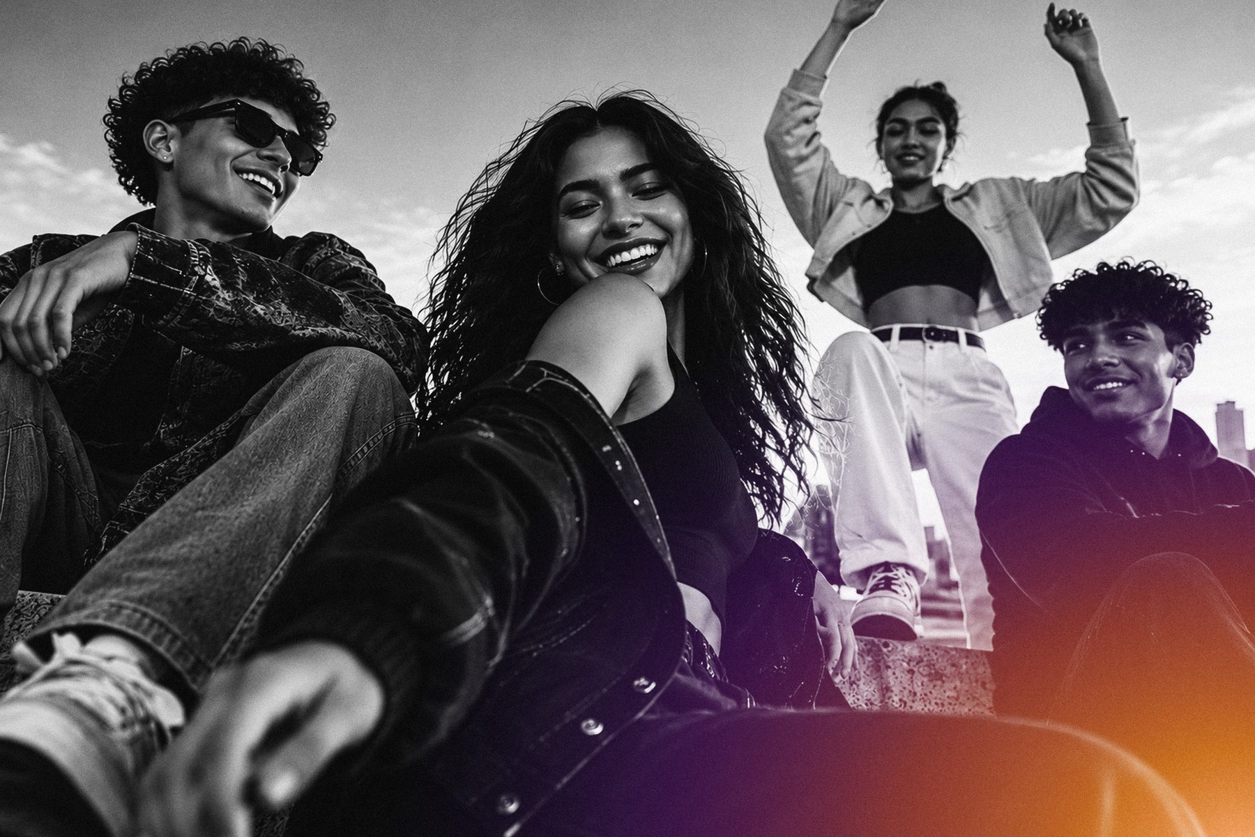 Four young friends laughing together on a rooftop, one with arms raised