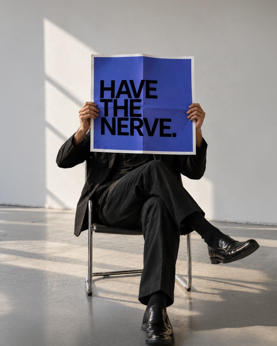 A person in a dark suit sits on a chrome chair, hiding their face behind a blue poster that reads Have the nerve.